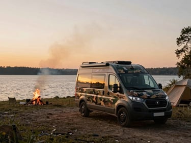 A customized Multicamper van parked near a lakeside campsite, campfire smoke in the distance, cozy evening light, rustic yet modern
