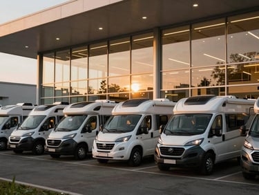 A modern motorhome showroom with glass walls, multiple premium campers lined up under soft warm architectural lighting