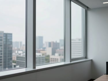 Crisp corporate photography of a clean modern office window overlooking a city, bright neutral daylight, cool slate gray tones, 35mm lens