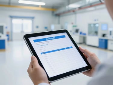 Close-up of a digital tablet displaying a safety checklist, held by an inspector in a clean, bright industrial facility.