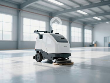Wide-angle shot of a ride-on industrial floor scrubber polishing a massive warehouse floor, bright daylight streaming through high windows, with a semi-transparent play icon overlaid in the center.
