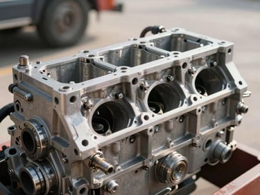Close-up of a heavy truck engine block under harsh natural daylight, metal textures, clean mechanical components, professional inspection focus