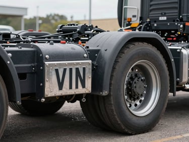 Close-up of a heavy truck chassis and wheel assembly, focusing on the stamped metal VIN plate on the steel frame, direct daylight.