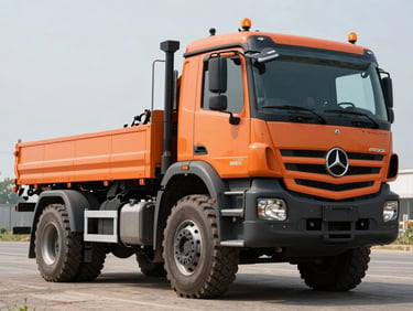An orange Mercedes Arocs construction truck, heavy tires, realistic outdoor setting.