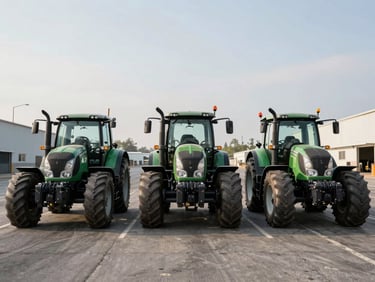 Vista de frente de tres cabezas tractoras de marcas reconocidas estacionadas en una campa industrial de asfalto gris, iluminación de día despejado, encuadre amplio profesional.