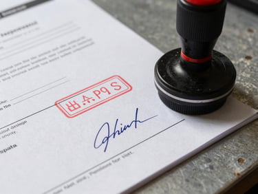 Extreme close-up of physical export documentation with official ink stamps and signatures resting on a rugged metal desk, harsh natural daylight.