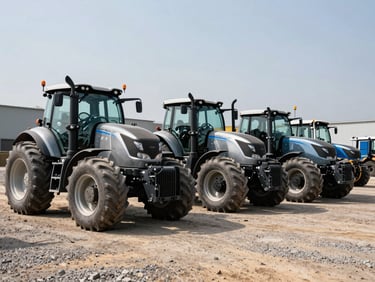 Wide-angle outdoor shot of heavy-duty tractor heads lined up in a dusty gravel yard under harsh noon sunlight, metallic chassis reflecting light, industrial background.