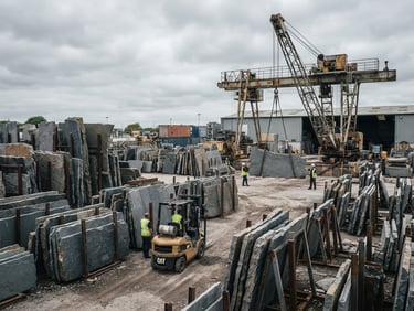 Wide environmental shot of a heavy-duty stone yard, massive raw granite slabs stacked vertically, overcast daylight, industrial crane in background