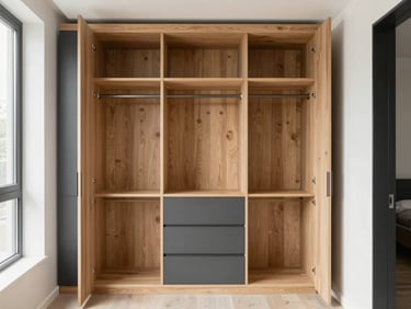 Straight-on architectural shot of custom oak walk-in wardrobe, natural daylight, clean matte charcoal details, 35mm