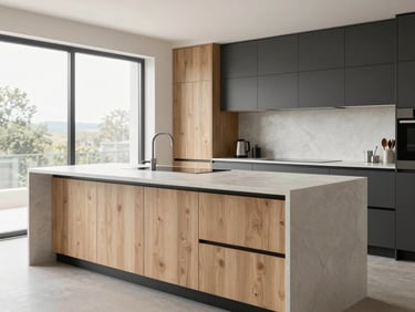 Bright architectural shot of a modern kitchen island with flush-fit cabinetry, matte finish