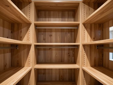 Straight-on architectural shot of a luxury walk-in wardrobe, warm oak shelving, bright natural daylight, 35mm
