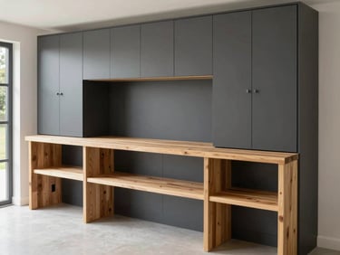Bright architectural photography of custom garage joinery, matte charcoal cabinets, heavy-duty oak workbenches, natural daylight, 35mm.