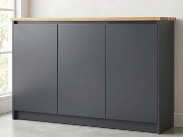 Straight-on shot of clean, heavy-duty garage storage cabinets with charcoal matte finish