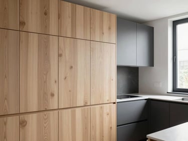 Bright architectural photo of a modern kitchen with seamless timber grain cabinets and matte finishes, 35mm
