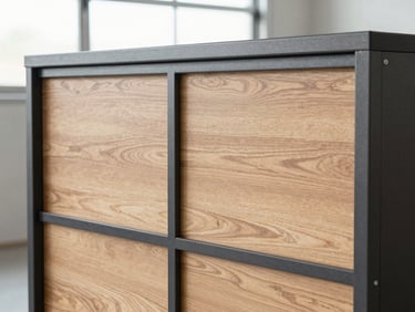Clean industrial garage storage cabinetry with reinforced charcoal steel frames and oak panels, 35mm