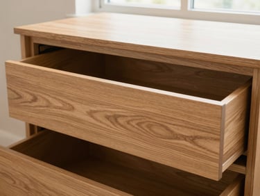 Close-up of organized custom walk-in robe drawers, warm oak wood grain, natural window light