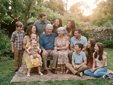 Warm nostalgic portrait of a multi-generational family gathering outdoors, soft golden-hour natural light, faded vintage film tones, 35mm aesthetic.