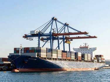 A high-contrast wide shot of a container ship docked at a California port in crisp morning light, towering blue cranes loading containers, deep blue water, clean industrial lines.