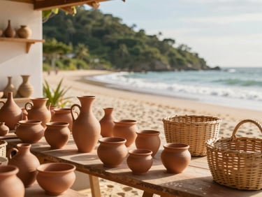 Local artisan workshop in São Francisco do Sul with handmade clay pottery and woven baskets, warm natural light.
