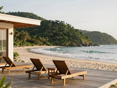 Modern beach house deck facing the ocean at Prainha, wooden lounge chairs, soft morning light, green Atlantic forest hills in the distance