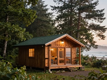 Charming wooden cabin surrounded by lush green Atlantic forest canopy, warm outdoor lighting, peaceful misty morning atmosphere