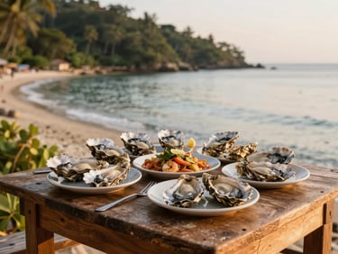 Fresh oysters and traditional seafood dish served on a rustic wooden table overlooking the quiet bay, warm golden hour.