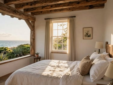 Cozy rustic bedroom in a historic colonial house, wooden beams, white linen bed, warm sunlight streaming through a window showing green foliage