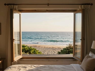 Cozy rustic beachside hotel room with open windows showing the blue ocean, soft morning light, warm sand tones.
