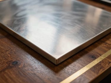 Detail shot of a metal print, reflective surface, sharp edges, metallic sheen under bright light.