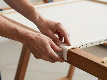 Hands carefully stretching a canvas onto a wooden stretcher bar, focus on the tension and smooth surface, workshop setting.
