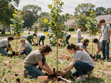Group of volunteers planting young oak trees in a sunny suburban park, active candid documentary style, 35mm lens.