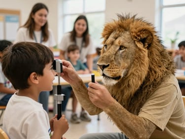 Candid medium shot of a Lions volunteer conducting a vision screening for a smiling young child in a brightly lit community center, warm natural light.