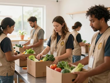 Volunteers in Lions vests working in a bright community kitchen, packing cardboard boxes with fresh vegetables, natural daylight, warm organic tones.