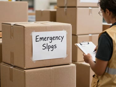 Cardboard boxes stacked in a warehouse with a hand-written label reading emergency supplies, a volunteer in a gold vest checking a clipboard