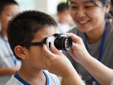 Close-up shot of a child looking through a vision screening device guided by a smiling volunteer, warm natural light, candid documentary style, 35mm lens.