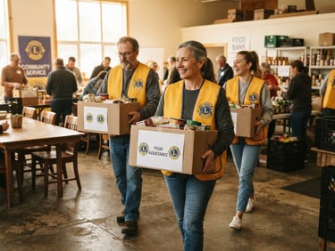 Candid medium shot of three Lions volunteers in yellow vests carrying food distribution boxes in a bright community center, warm natural light, realistic documentary style, 35mm lens.