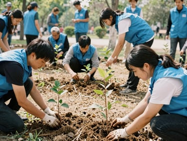 Volunteers of various ages planting small tree saplings in a sunny park, dirt on hands, wearing blue vests, candid 35mm style