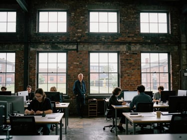 A creative team collaborating in a converted brick-walled warehouse office in Lancashire, natural overcast light from high windows, 35mm film.