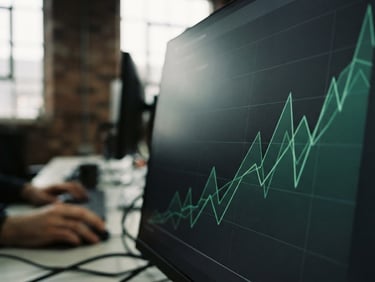 Close-up macro shot of a digital ads dashboard with upward trending green lines, high-contrast desaturated tones, moody industrial office background, 35mm film.