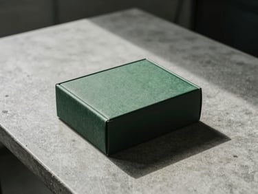 A physical product box being placed on a clean concrete table, sharp shadows, overcast daylight, moody desaturated tones with deep green accents.