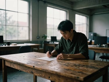 Moody editorial photography, hands collaborating over a physical product on a rustic wooden desk in a converted industrial office space, natural overcast daylight, 35mm film