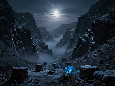 Deep, misty valley between two dark, imposing mountain ranges, faint blue bioluminescent flora glowing subtly, ancient stone structures half-buried in snow, low-key moonlight, dark cinematic fantasy photography, 35mm