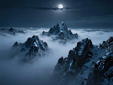 Jagged, snow-capped mountain peaks shrouded in thick, swirling mist under a dark, moonlit sky, hints of ancient glowing runes on the rock faces, cold blue tones, dark cinematic fantasy photography, 35mm