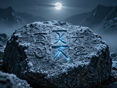 Extreme close-up of ancient stone runes glowing with faint blue light on a frost-covered rock, atmospheric, dark cinematic fantasy photography, cold blue and silver tones