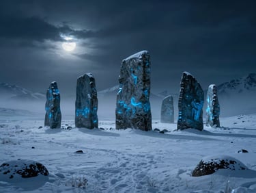 Wide shot of a desolate, snow-covered plain with colossal, glowing blue runestones standing sentinel, stormy sky overhead, subtle mist, cold blue and silver tones, dark cinematic fantasy photography, 35mm