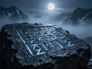 Close-up of an ancient, glowing runic inscription carved into dark stone, emitting a faint icy blue light, misty, dark cinematic fantasy photography.