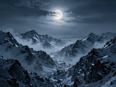 Wide panoramic shot of a frozen, jagged mountain range under a stormy, moonlit sky, with subtle mist, cold blue tones, epic scale, dark cinematic fantasy photography