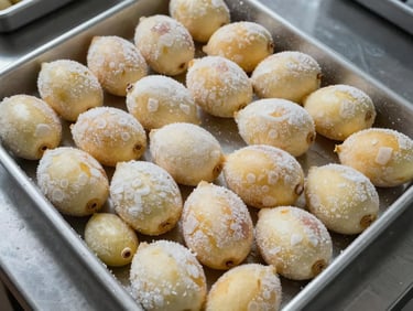 Wide overhead view of bulk frozen papa criolla in a large industrial tray on stainless steel surface, clinical cool light, frost visible, no packaging