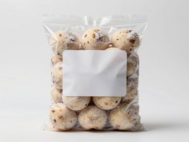 Straight-on product shot of a sealed one-kilogram bag of frozen papa criolla on a clean white surface, clinical studio lighting, label area neutral, frost detail on bag surface