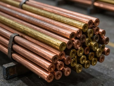 Heavy copper and brass rods stacked in an industrial warehouse, warm metallic highlights, sharp industrial photography, 35mm